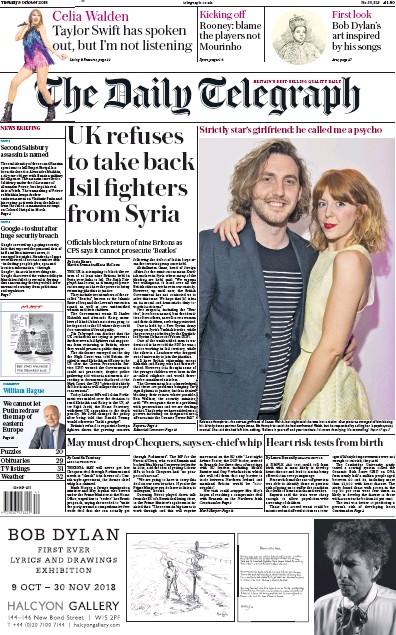 The Daily Telegraph Newspaper Front Page for 9 October 2018