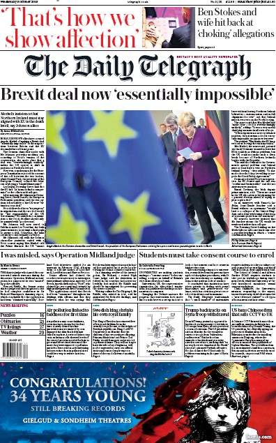 The Daily Telegraph Newspaper Front Page for 9 October 2019