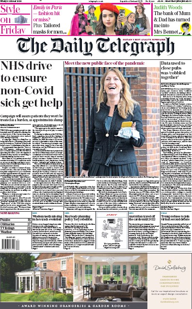 The Daily Telegraph Newspaper Front Page for 9 October 2020