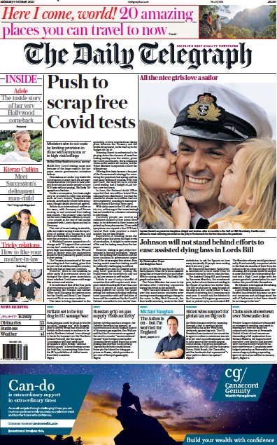 The Daily Telegraph (UK) Newspaper Front Page for 9 October 2021