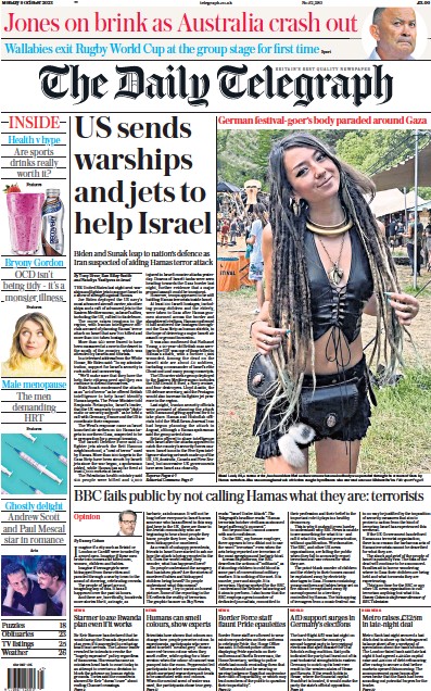 The Daily Telegraph (UK) Newspaper Front Page for 9 October 2023
