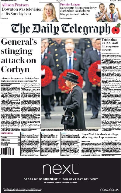 The Daily Telegraph (UK) Newspaper Front Page for 9 November 2015