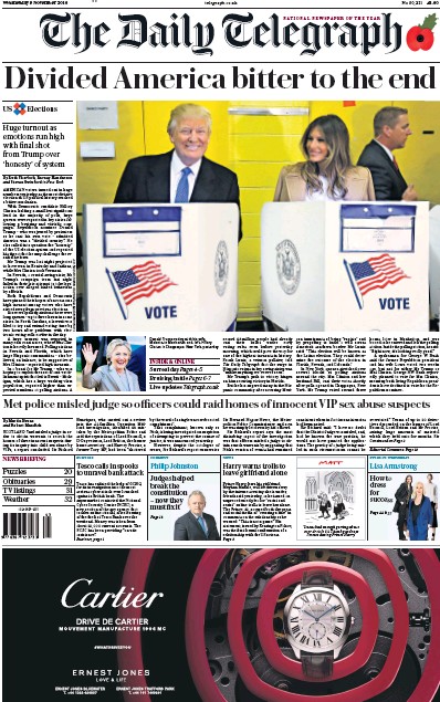 The Daily Telegraph Newspaper Front Page for 9 November 2016