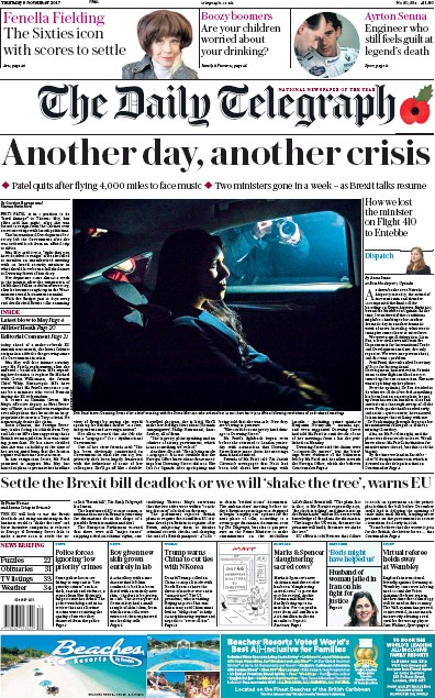 The Daily Telegraph Newspaper Front Page for 9 November 2017