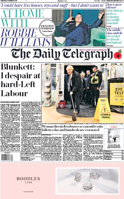 The Daily Telegraph Newspaper Front Page for 9 November 2019