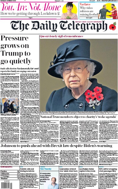 The Daily Telegraph Newspaper Front Page for 9 November 2020