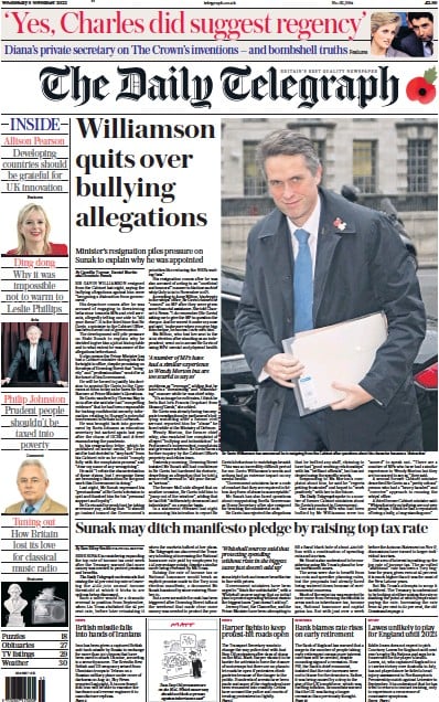 The Daily Telegraph (UK) Newspaper Front Page for 9 November 2022