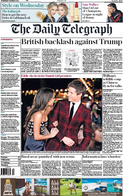 The Daily Telegraph (UK) Newspaper Front Page for 9 December 2015