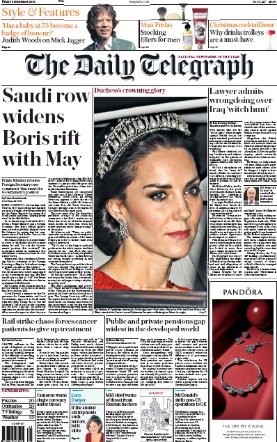 The Daily Telegraph Newspaper Front Page for 9 December 2016