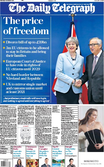 The Daily Telegraph Newspaper Front Page for 9 December 2017
