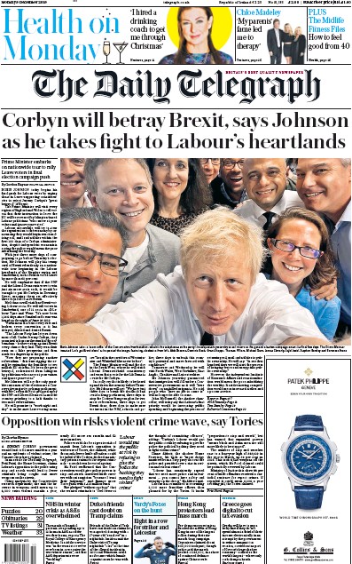 The Daily Telegraph Newspaper Front Page for 9 December 2019