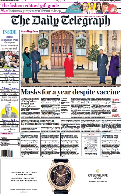 The Daily Telegraph Newspaper Front Page for 9 December 2020
