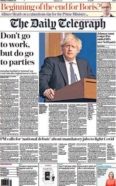 The Daily Telegraph (UK) Newspaper Front Page for 9 December 2021