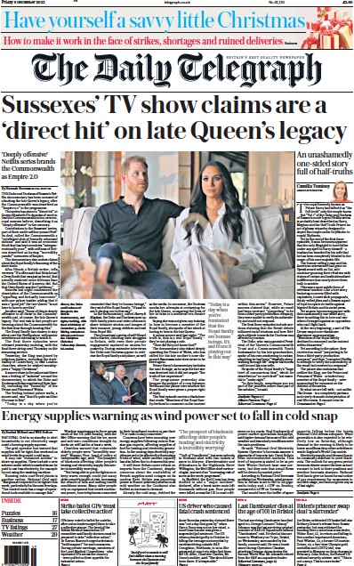 The Daily Telegraph Newspaper Front Page for 9 December 2022