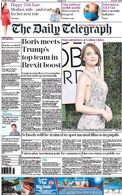 The Daily Telegraph Newspaper Front Page for 9 January 2017