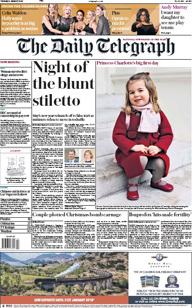 The Daily Telegraph Newspaper Front Page for 9 January 2018