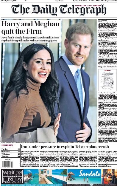 The Daily Telegraph Newspaper Front Page for 9 January 2020
