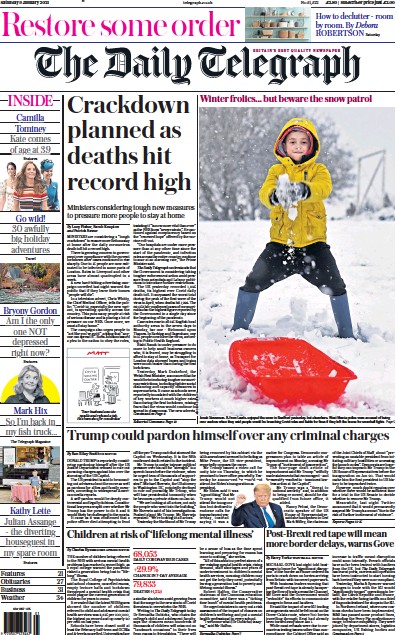 The Daily Telegraph (UK) Newspaper Front Page for 9 January 2021