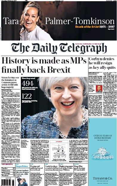 The Daily Telegraph (UK) Newspaper Front Page for 9 February 2017
