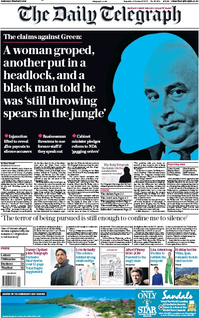 The Daily Telegraph Newspaper Front Page for 9 February 2019