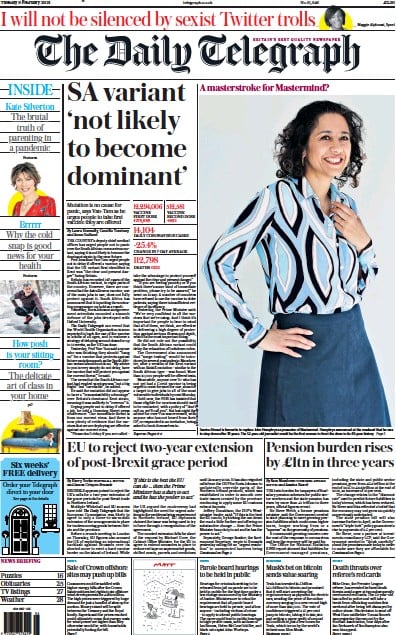 The Daily Telegraph Newspaper Front Page for 9 February 2021
