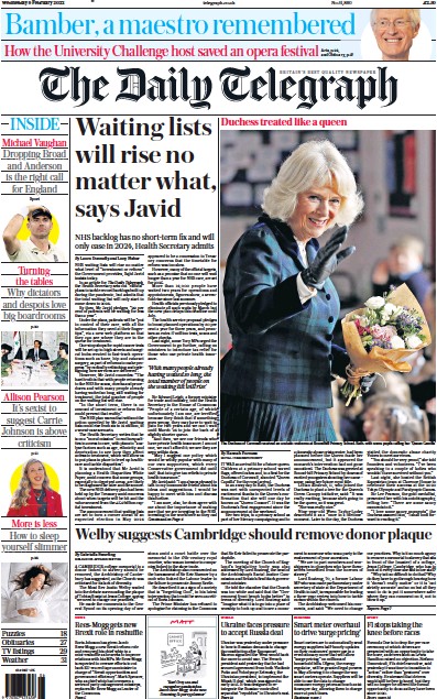 The Daily Telegraph Newspaper Front Page for 9 February 2022