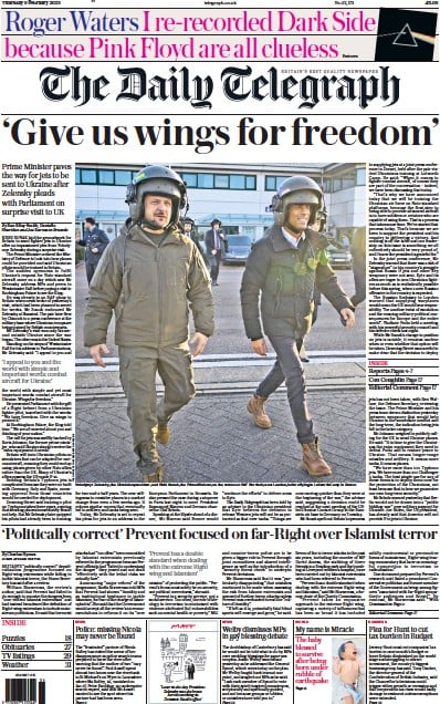 The Daily Telegraph (UK) Newspaper Front Page for 9 February 2023