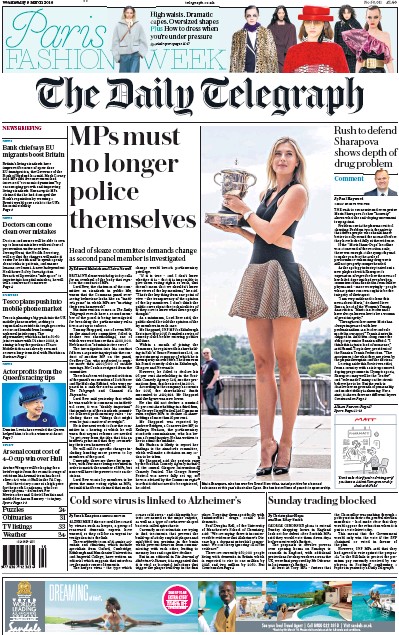 The Daily Telegraph Newspaper Front Page for 9 March 2016