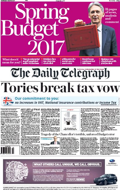 The Daily Telegraph (UK) Newspaper Front Page for 9 March 2017
