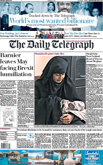 The Daily Telegraph Newspaper Front Page for 9 March 2019