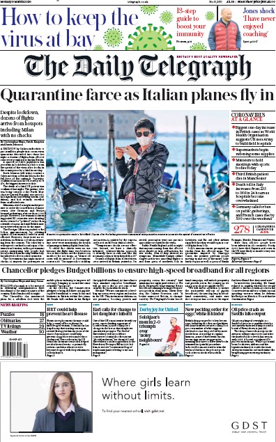 The Daily Telegraph Newspaper Front Page for 9 March 2020