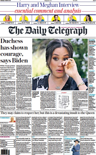 The Daily Telegraph (UK) Newspaper Front Page for 9 March 2021