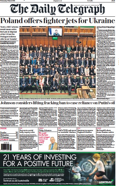 The Daily Telegraph Newspaper Front Page for 9 March 2022