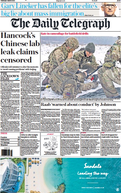 The Daily Telegraph (UK) Newspaper Front Page for 9 March 2023