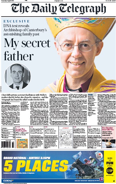 The Daily Telegraph Newspaper Front Page for 9 April 2016