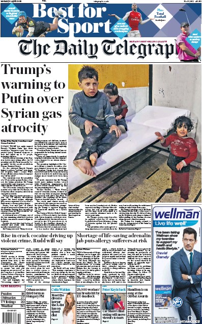 The Daily Telegraph (UK) Newspaper Front Page for 9 April 2018