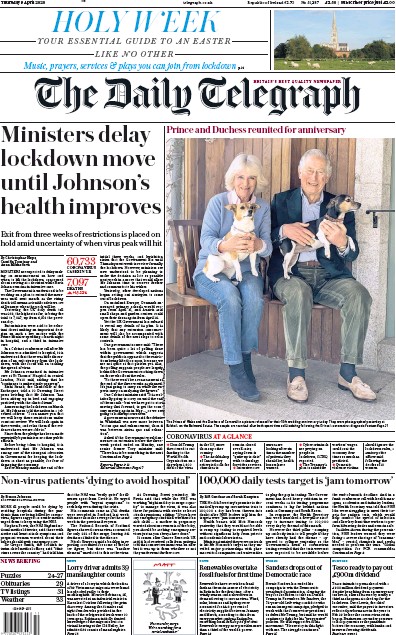 The Daily Telegraph (UK) Newspaper Front Page for 9 April 2020