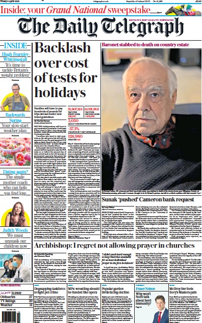 The Daily Telegraph (UK) Newspaper Front Page for 9 April 2021
