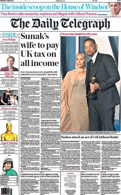 The Daily Telegraph Newspaper Front Page for 9 April 2022