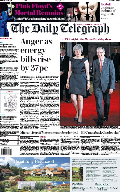 The Daily Telegraph Newspaper Front Page for 9 May 2017