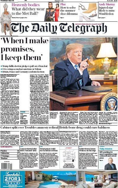 The Daily Telegraph Newspaper Front Page for 9 May 2018