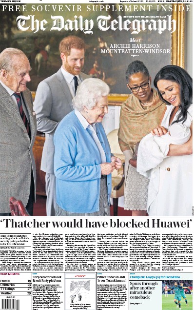 The Daily Telegraph (UK) Newspaper Front Page for 9 May 2019