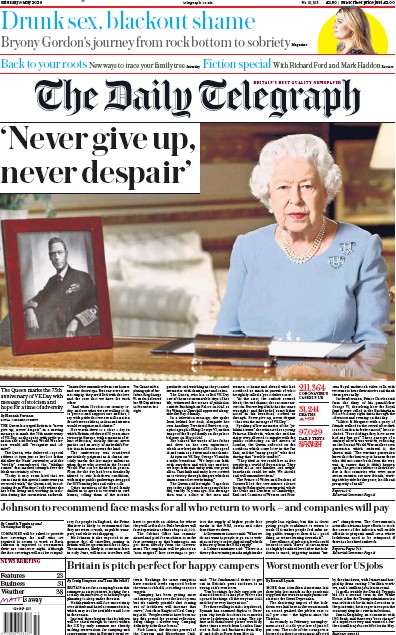 The Daily Telegraph Newspaper Front Page for 9 May 2020