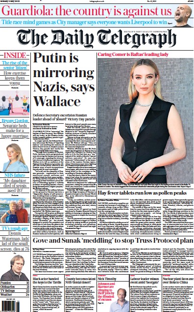 The Daily Telegraph (UK) Newspaper Front Page for 9 May 2022