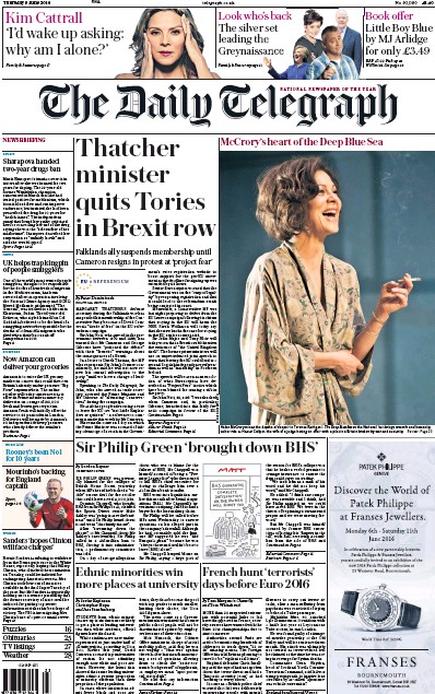 The Daily Telegraph Newspaper Front Page for 9 June 2016