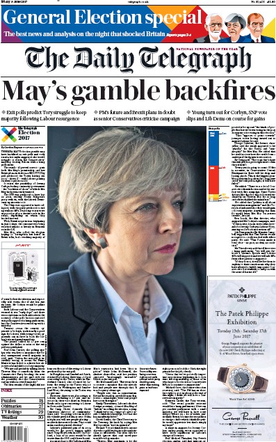 The Daily Telegraph Newspaper Front Page for 9 June 2017