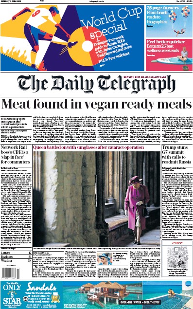 The Daily Telegraph Newspaper Front Page for 9 June 2018