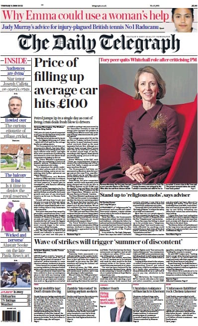 The Daily Telegraph (UK) Newspaper Front Page for 9 June 2022