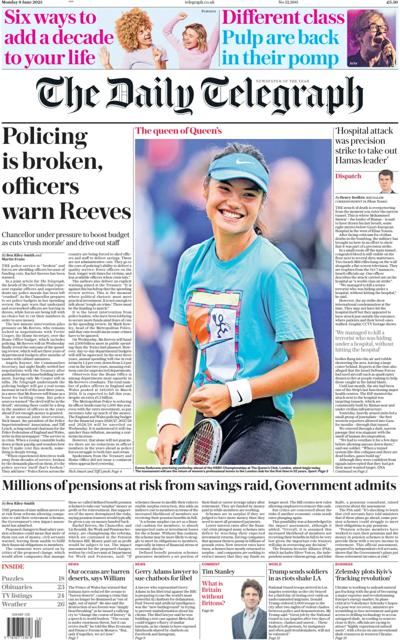 The Daily Telegraph (UK) Newspaper Front Page for 9 June 2025