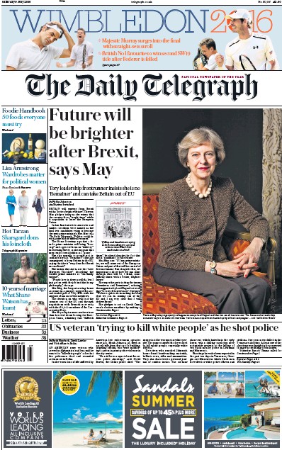 The Daily Telegraph Newspaper Front Page for 9 July 2016